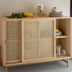 Buffet 2 portes coulissantes en bois et en rotin