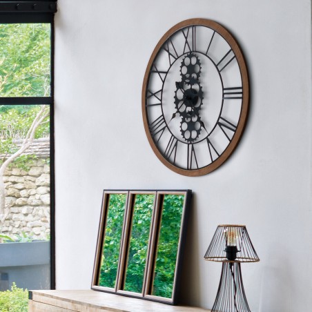 Horloge mécanique D.70 cm en métal et bois